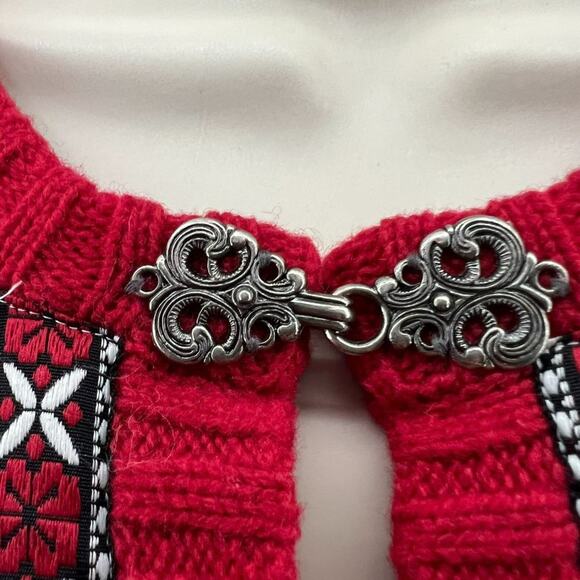 Vintage Casual Corner Red Cream Wool Cardigan Pewter Clasp Womens Medium - Picture 2 of 5